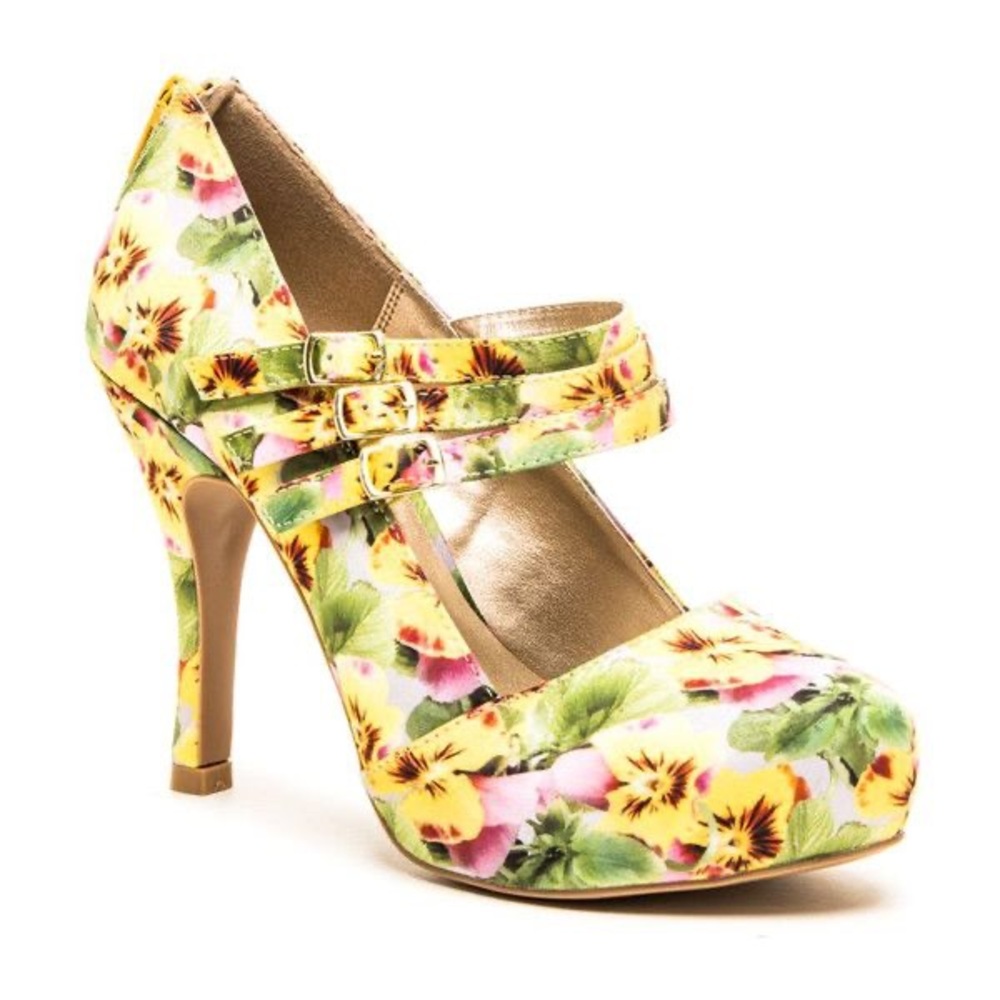 Yellow floral stiletto platform heels